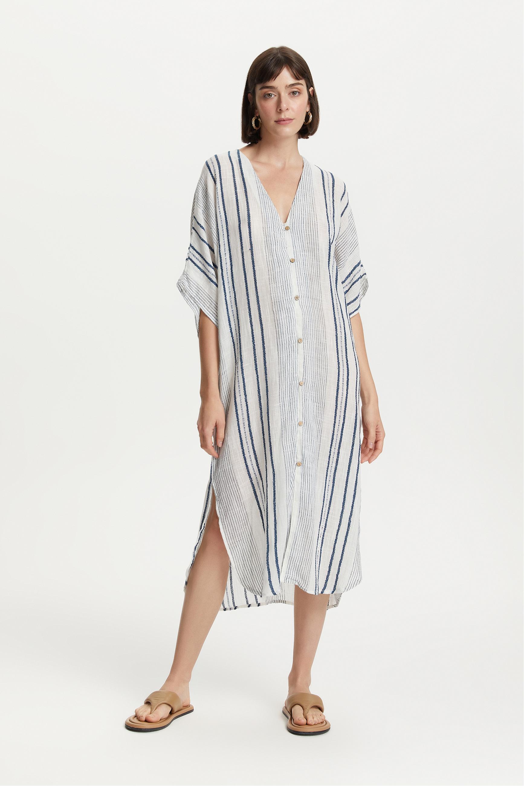 ÇİZGİLİ ETNİK UZUN PLAJ ELBİSESİ