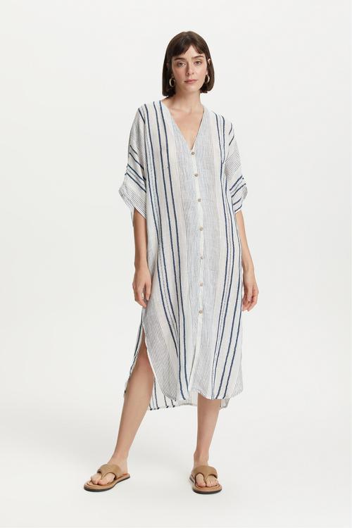  ÇİZGİLİ ETNİK UZUN PLAJ ELBİSESİ