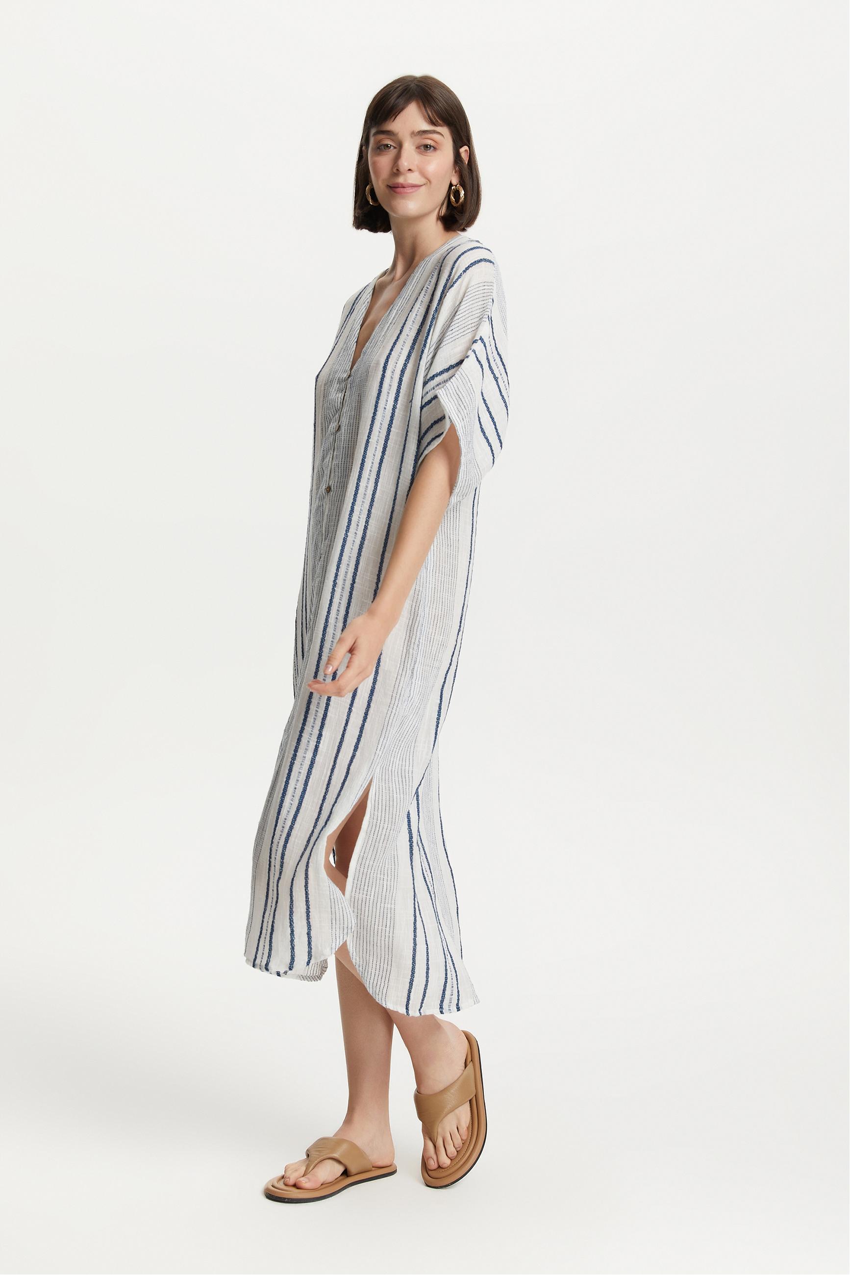 ÇİZGİLİ ETNİK UZUN PLAJ ELBİSESİ