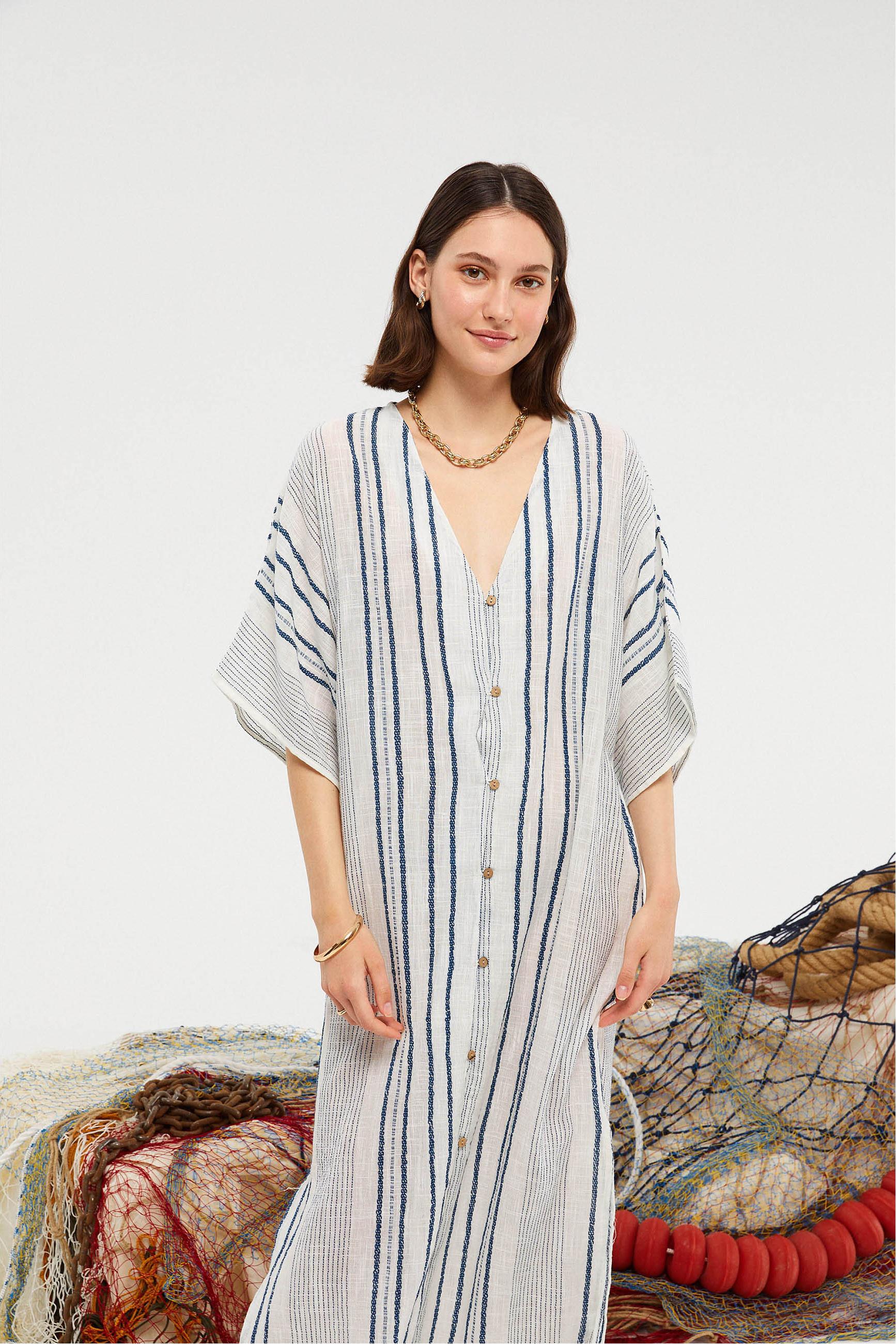 ÇİZGİLİ ETNİK UZUN PLAJ ELBİSESİ