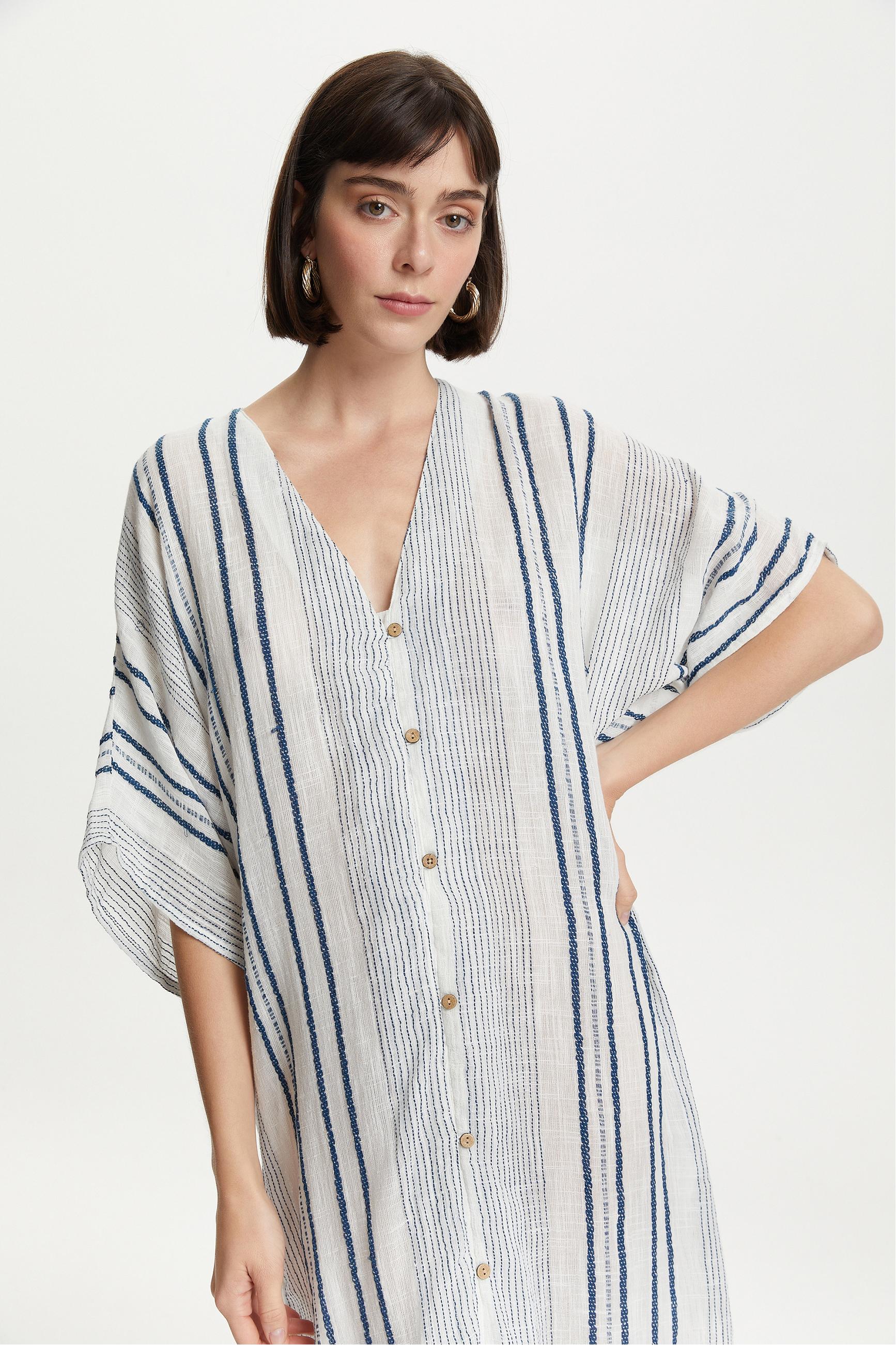 ÇİZGİLİ ETNİK UZUN PLAJ ELBİSESİ