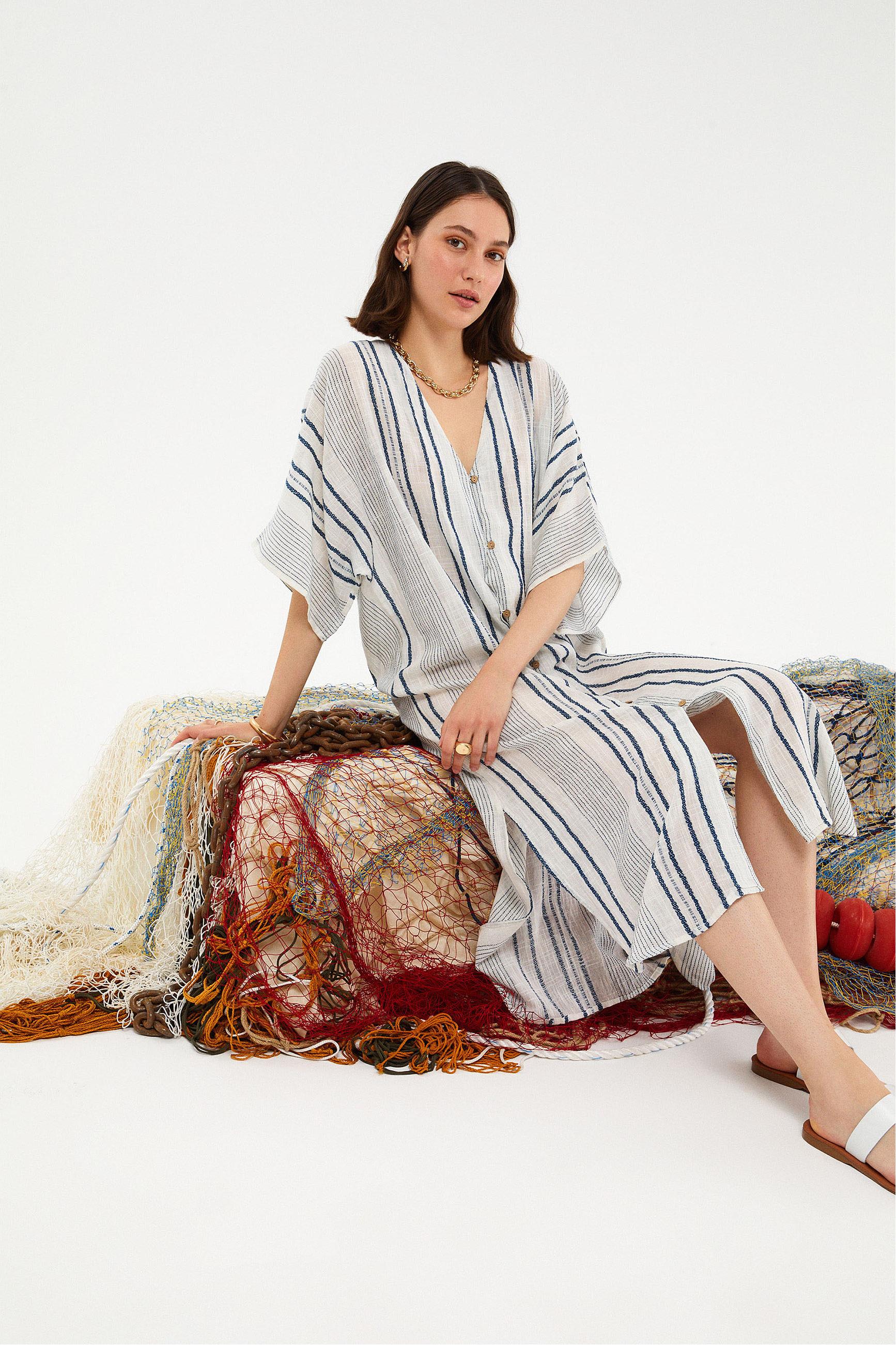 ÇİZGİLİ ETNİK UZUN PLAJ ELBİSESİ