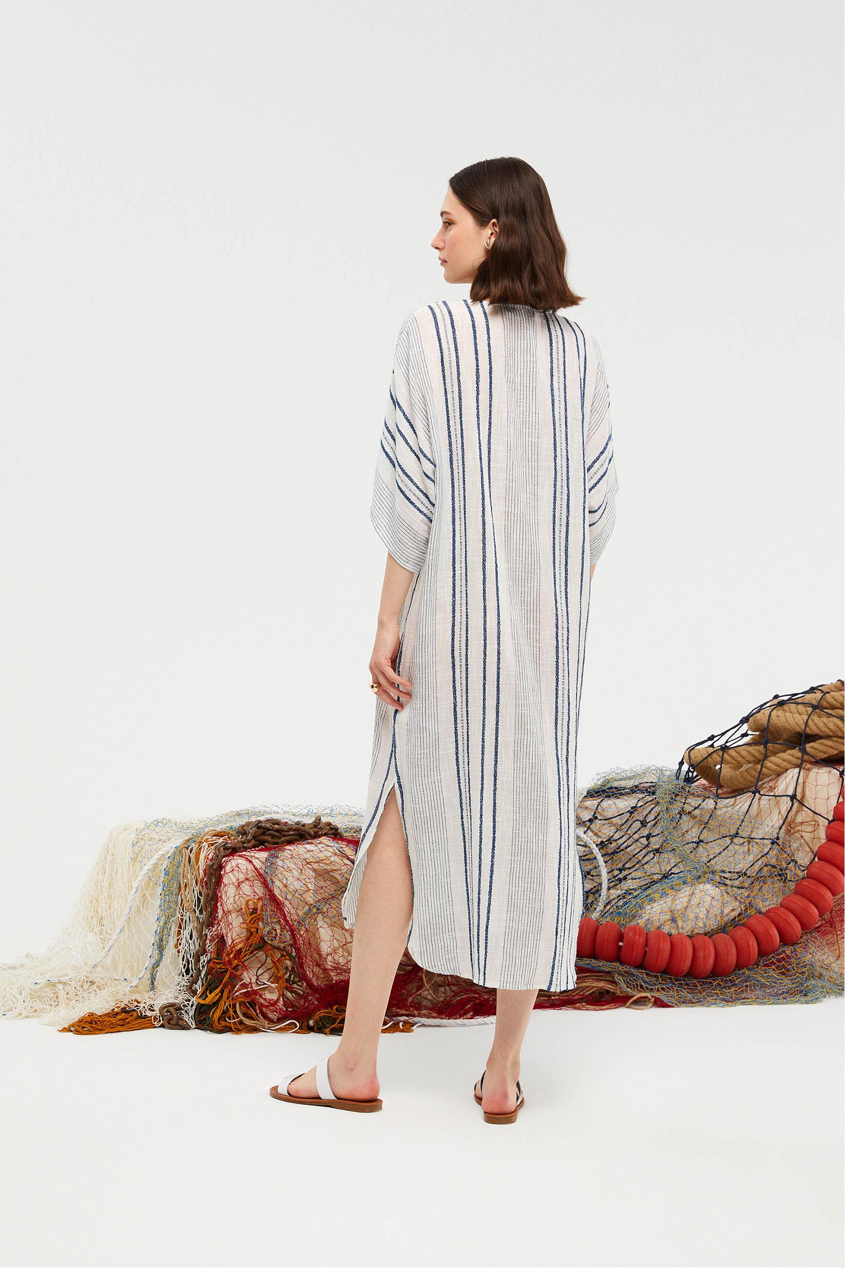 ÇİZGİLİ ETNİK UZUN PLAJ ELBİSESİ