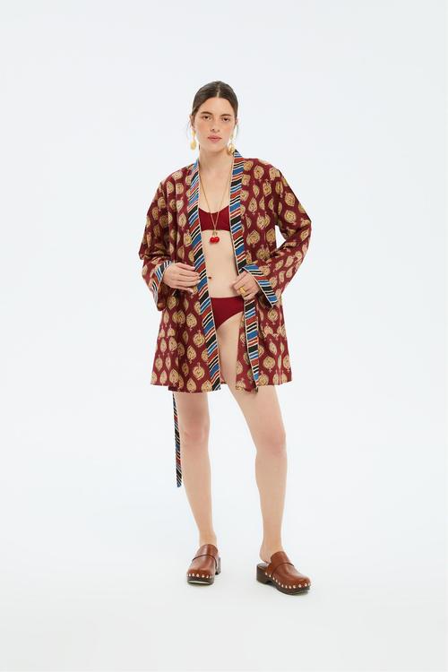  ETNİK DESENLİ KUŞAKLI KİMONO