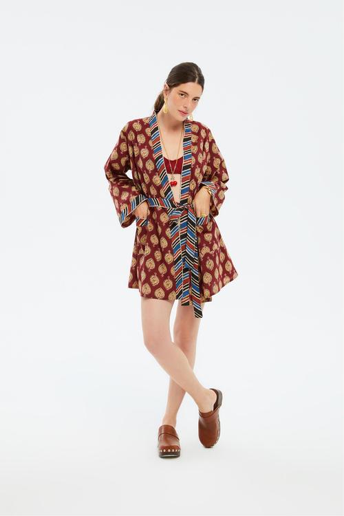  ETNİK DESENLİ KUŞAKLI KİMONO
