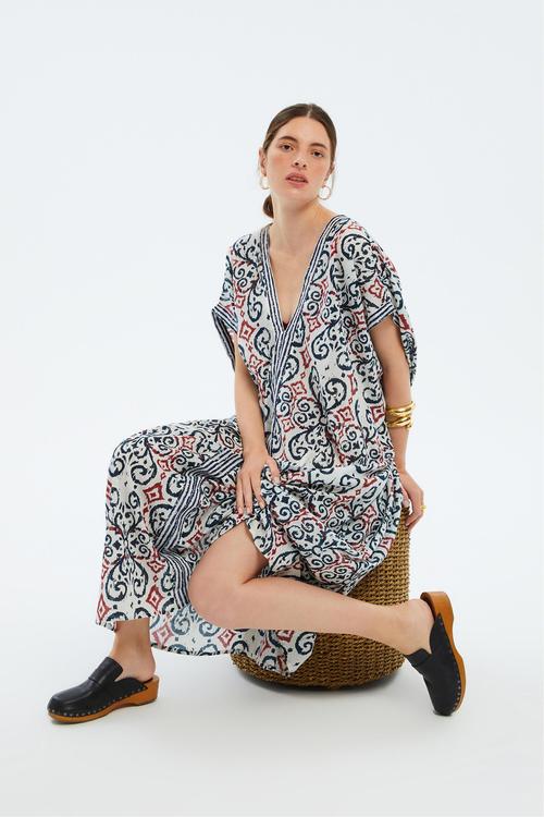  ETNİK DESENLİ UZUN PLAJ ELBİSESİ