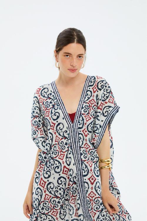  ETNİK DESENLİ UZUN PLAJ ELBİSESİ