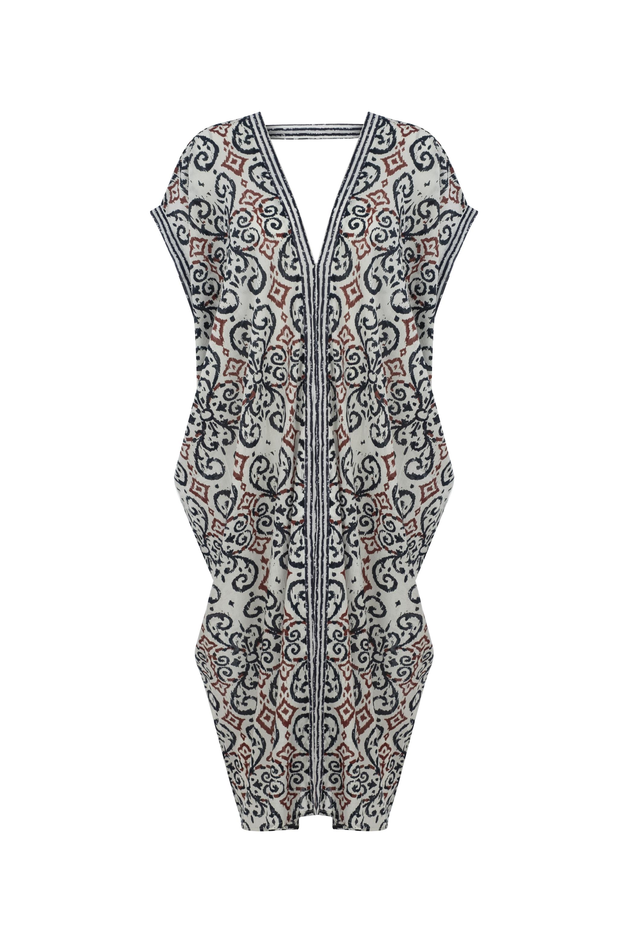 ETNİK DESENLİ UZUN PLAJ ELBİSESİ