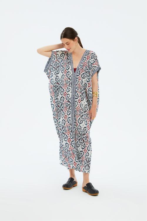  ETNİK DESENLİ UZUN PLAJ ELBİSESİ