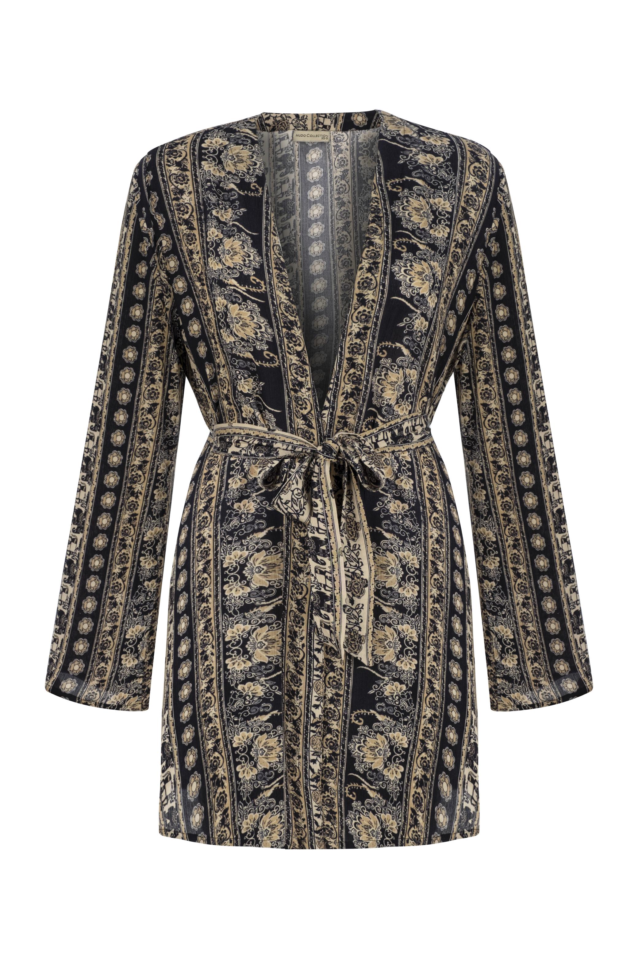 ETNİK DESENLİ KUŞAKLI PLAJ KİMONO