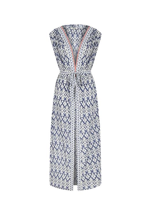  ETNİK DESENLİ KOLSUZ BAĞLAMA DETAYLI UZUN KİMONO