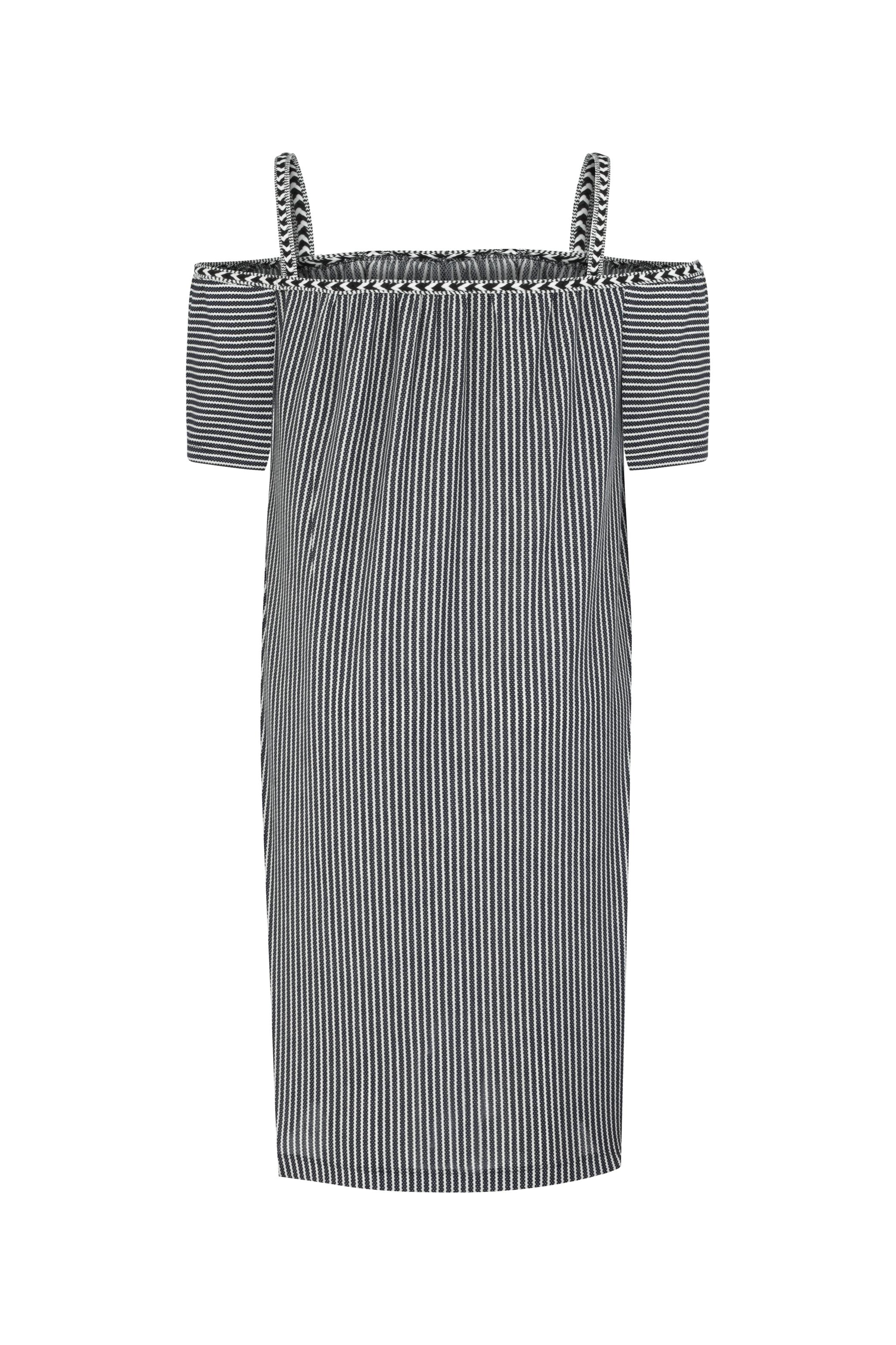 ÇİZGİLİ DÜŞÜK OMUZ MİNİ ELBİSE