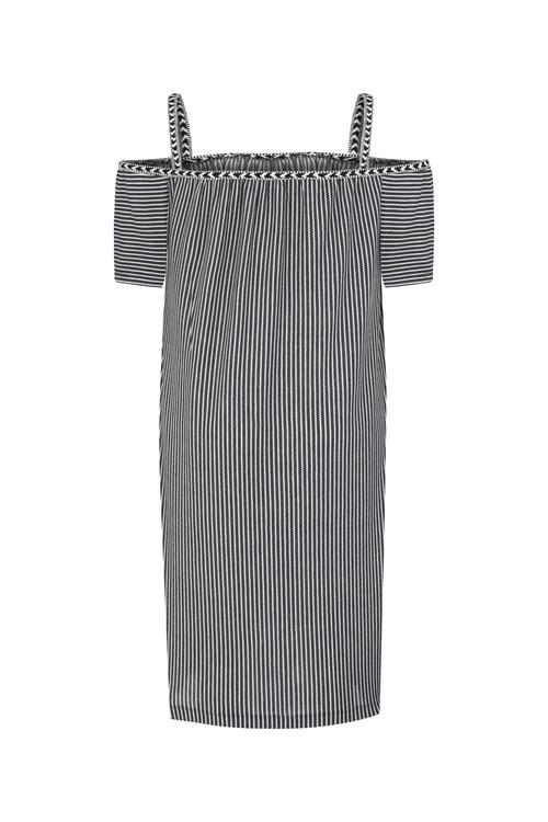  ÇİZGİLİ DÜŞÜK OMUZ MİNİ ELBİSE