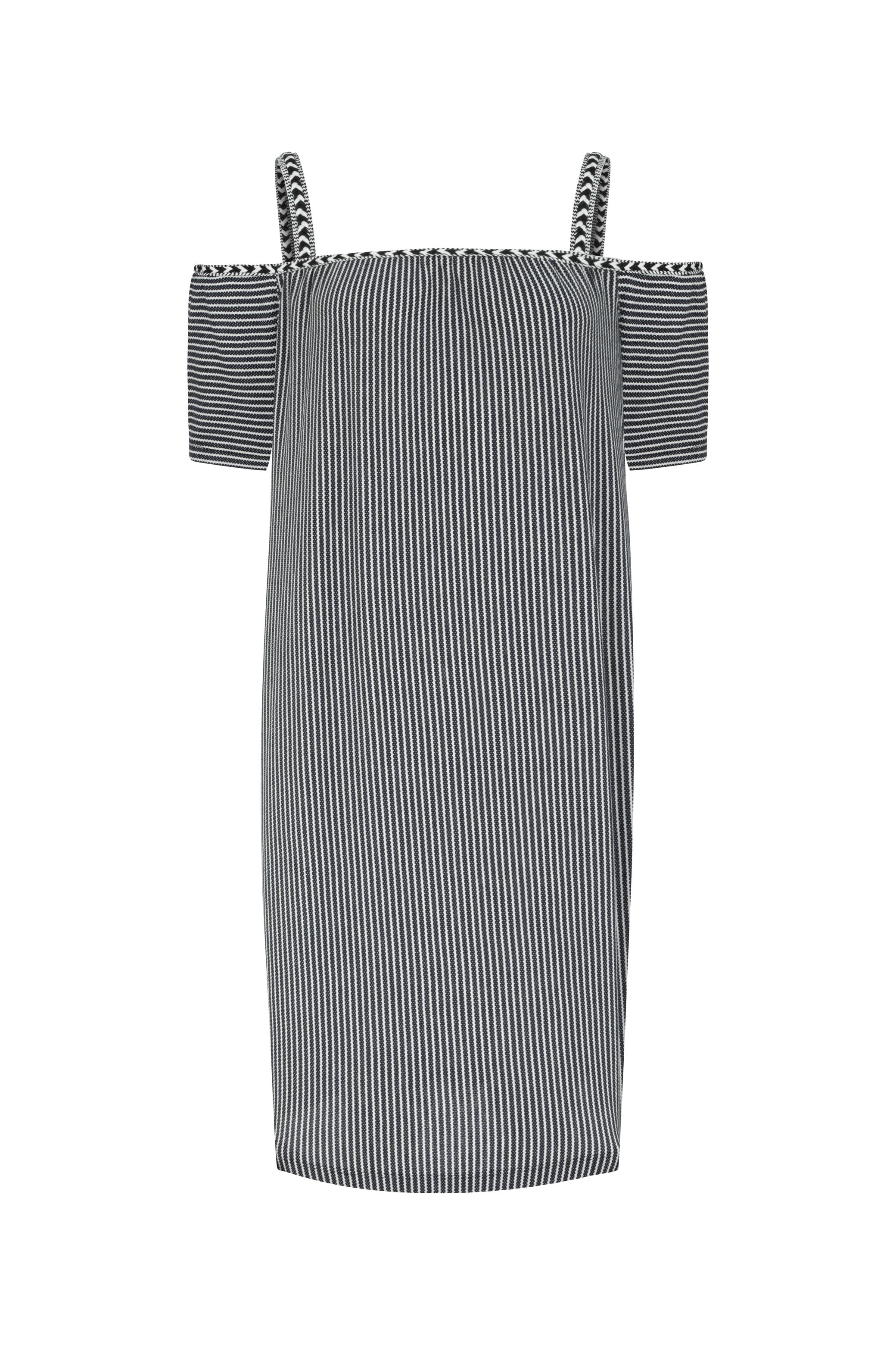 ÇİZGİLİ DÜŞÜK OMUZ MİNİ ELBİSE