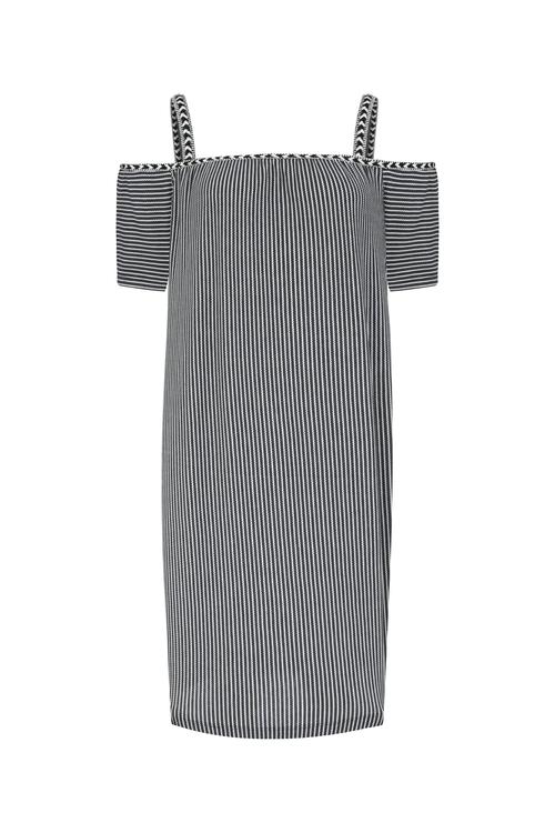  ÇİZGİLİ DÜŞÜK OMUZ MİNİ ELBİSE