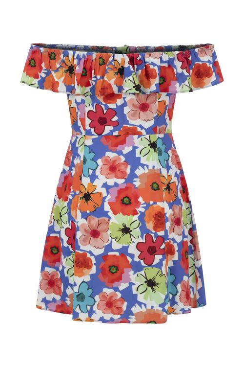  ÇİÇEK DESENLİ DÜŞÜK OMUZ FIRFIRLI MİNİ ELBİSE