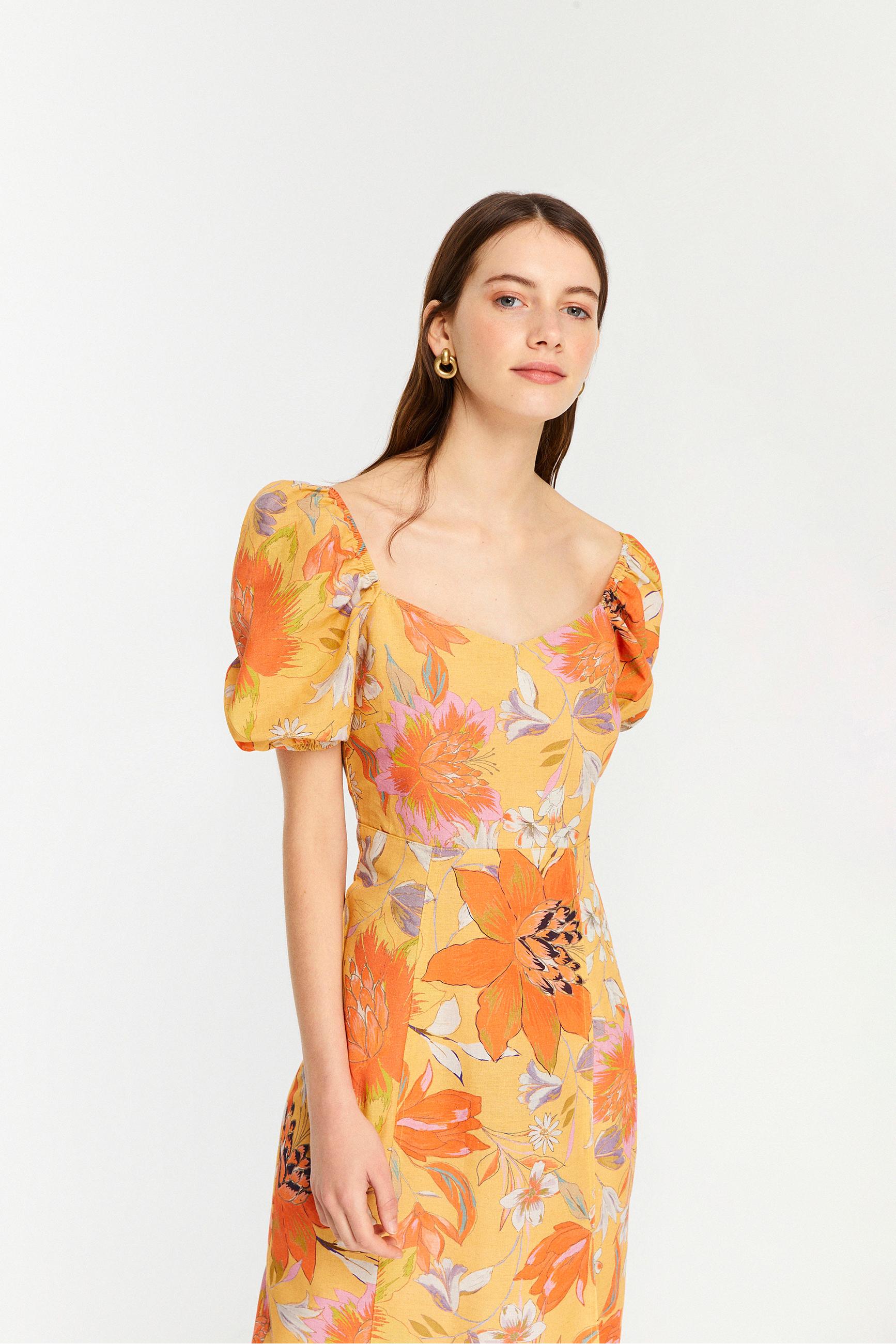 YIRTMAÇ DETAYLI KARPUZ KOL MİDİ ELBİSE