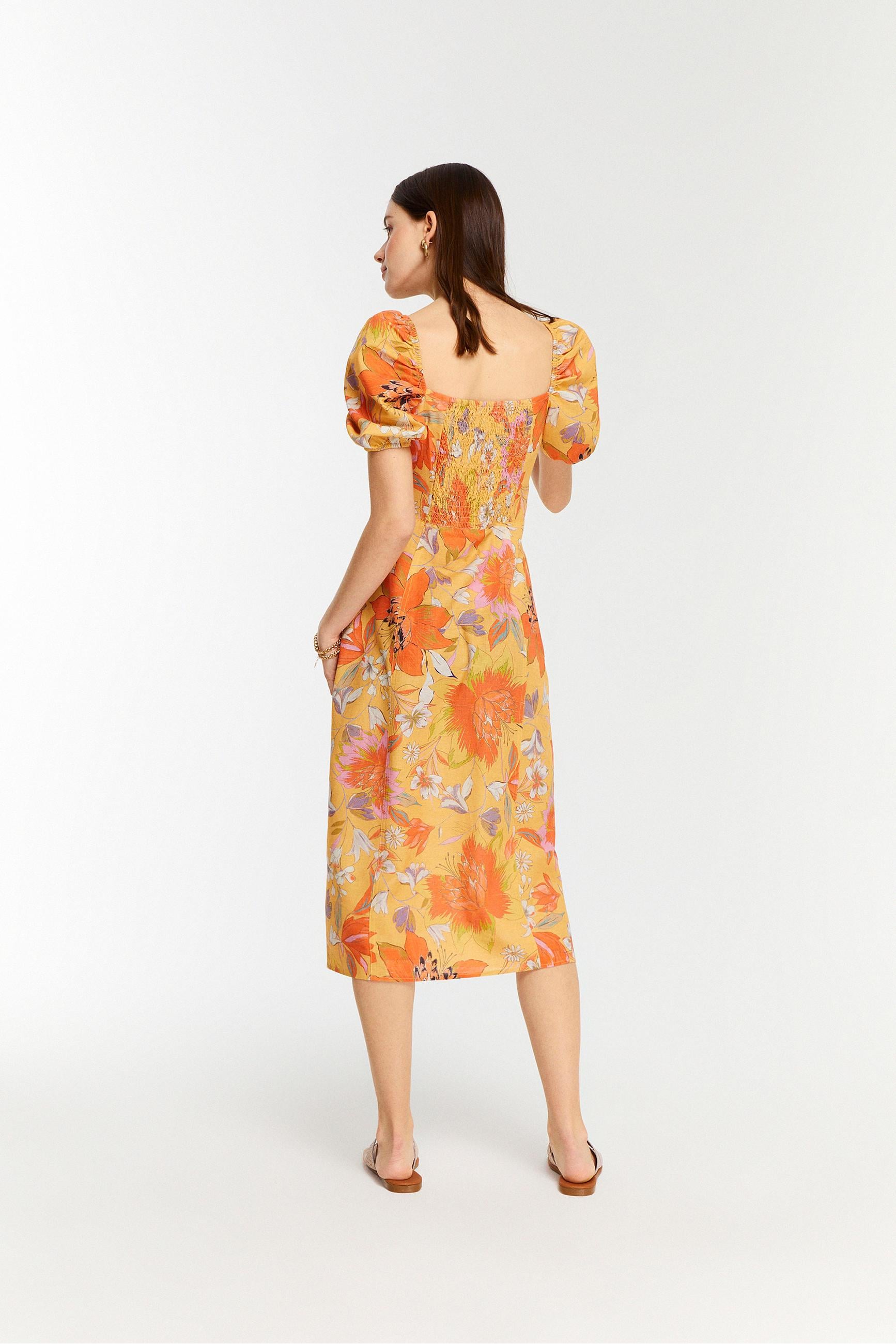 YIRTMAÇ DETAYLI KARPUZ KOL MİDİ ELBİSE