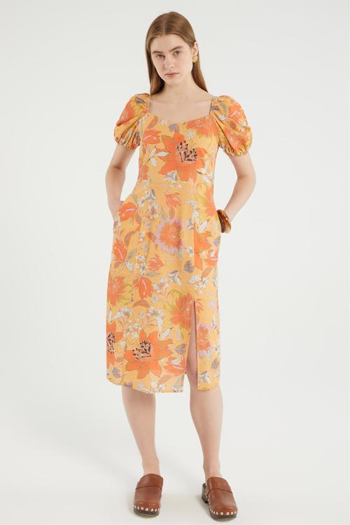  YIRTMAÇ DETAYLI KARPUZ KOL MİDİ ELBİSE