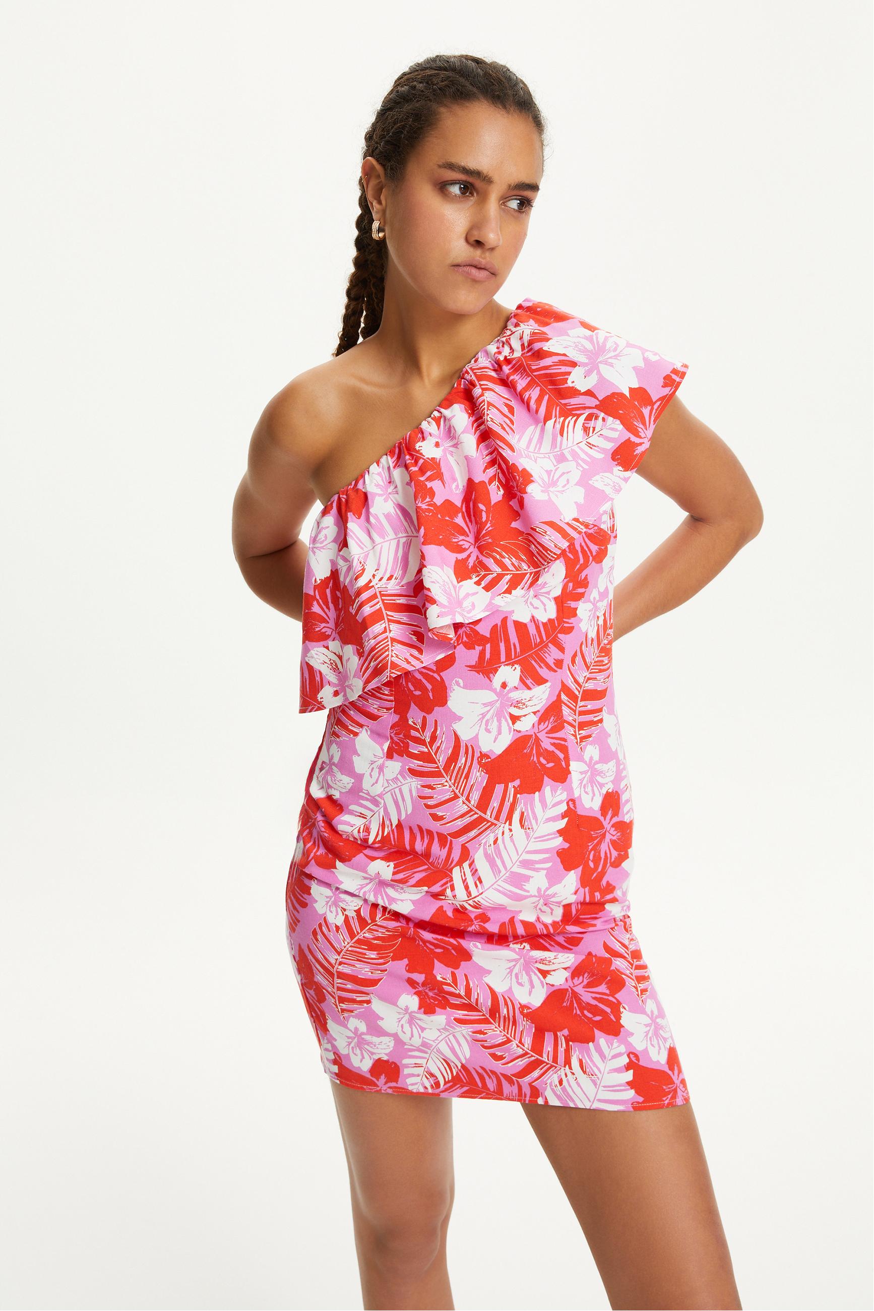 ÇİÇEK DESENLİ TEK OMUZ VOLANLI MİNİ ELBİSE