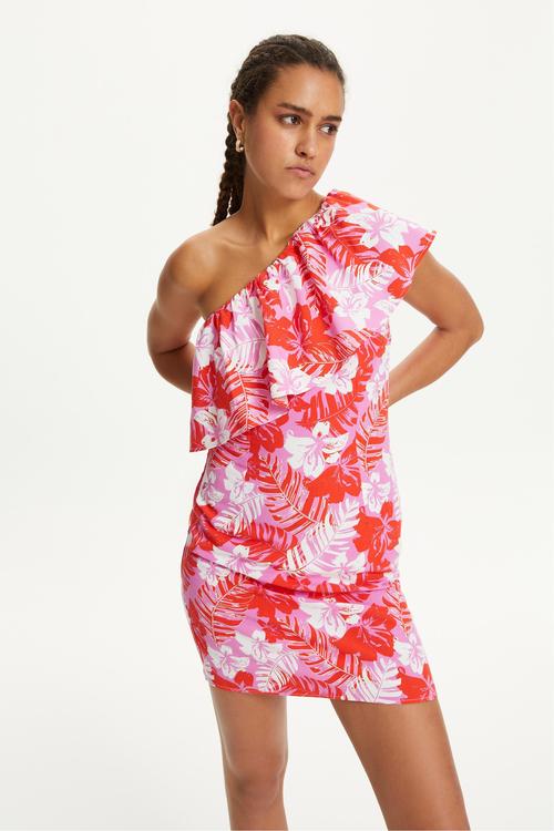  ÇİÇEK DESENLİ TEK OMUZ VOLANLI MİNİ ELBİSE