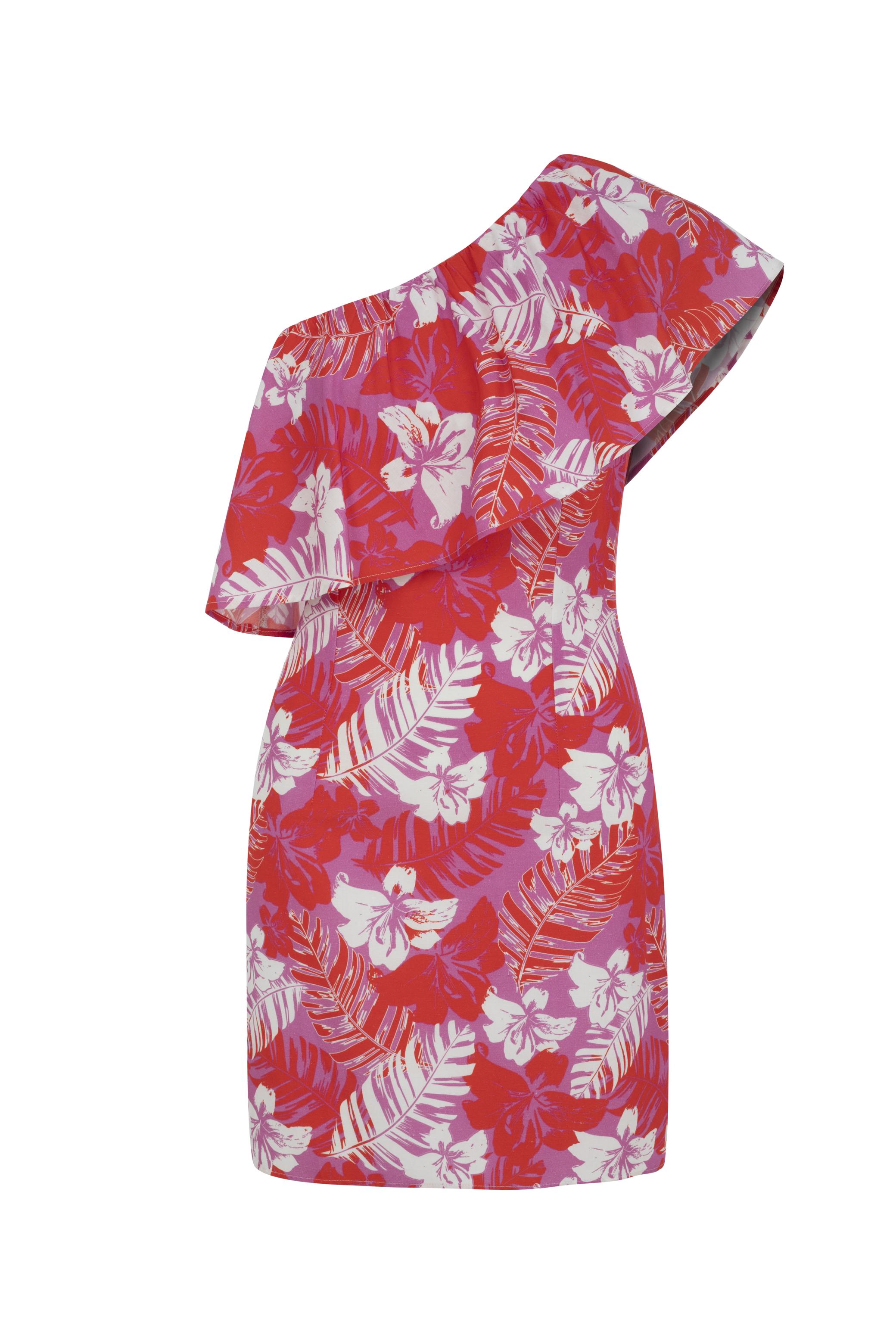 ÇİÇEK DESENLİ TEK OMUZ VOLANLI MİNİ ELBİSE