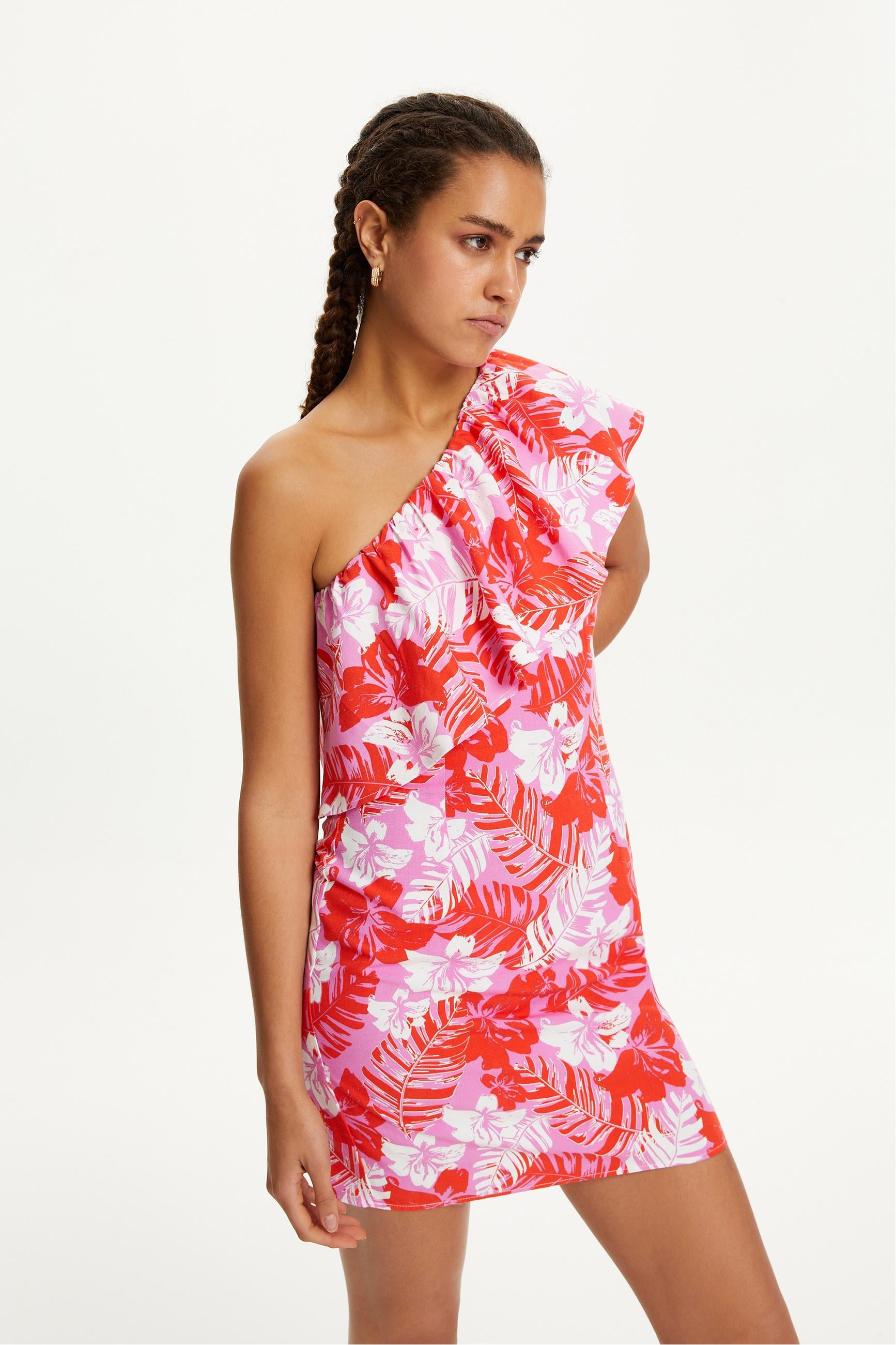 ÇİÇEK DESENLİ TEK OMUZ VOLANLI MİNİ ELBİSE