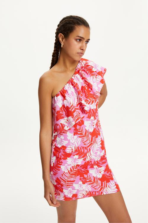  ÇİÇEK DESENLİ TEK OMUZ VOLANLI MİNİ ELBİSE