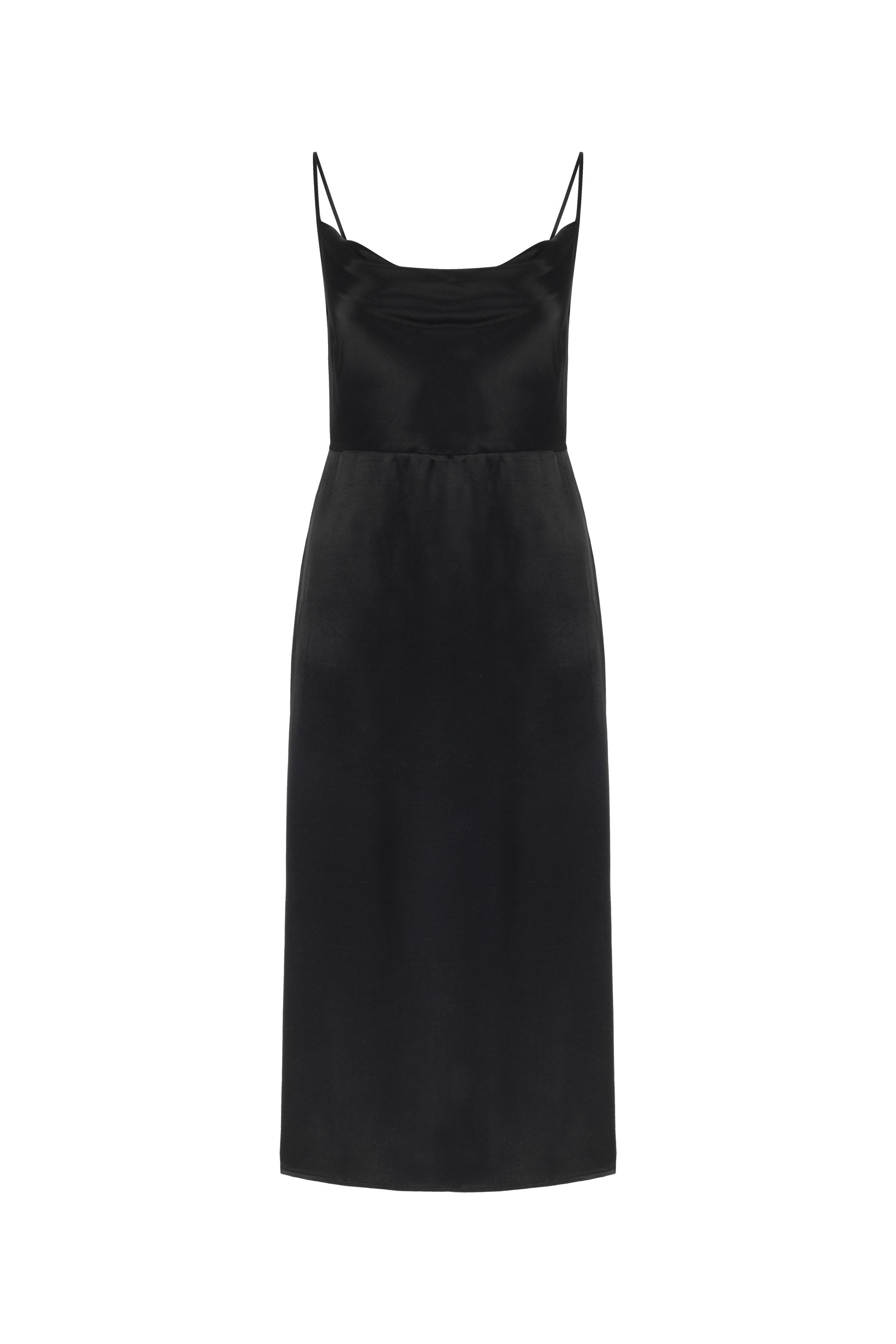 İNCE ASKILI DEGAJE YAKA YIRTMAÇLI MİDİ ELBİSE