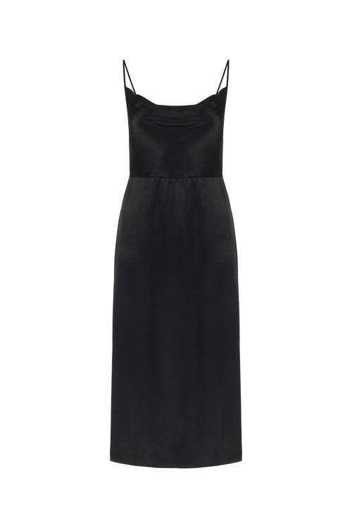  İNCE ASKILI DEGAJE YAKA YIRTMAÇLI MİDİ ELBİSE