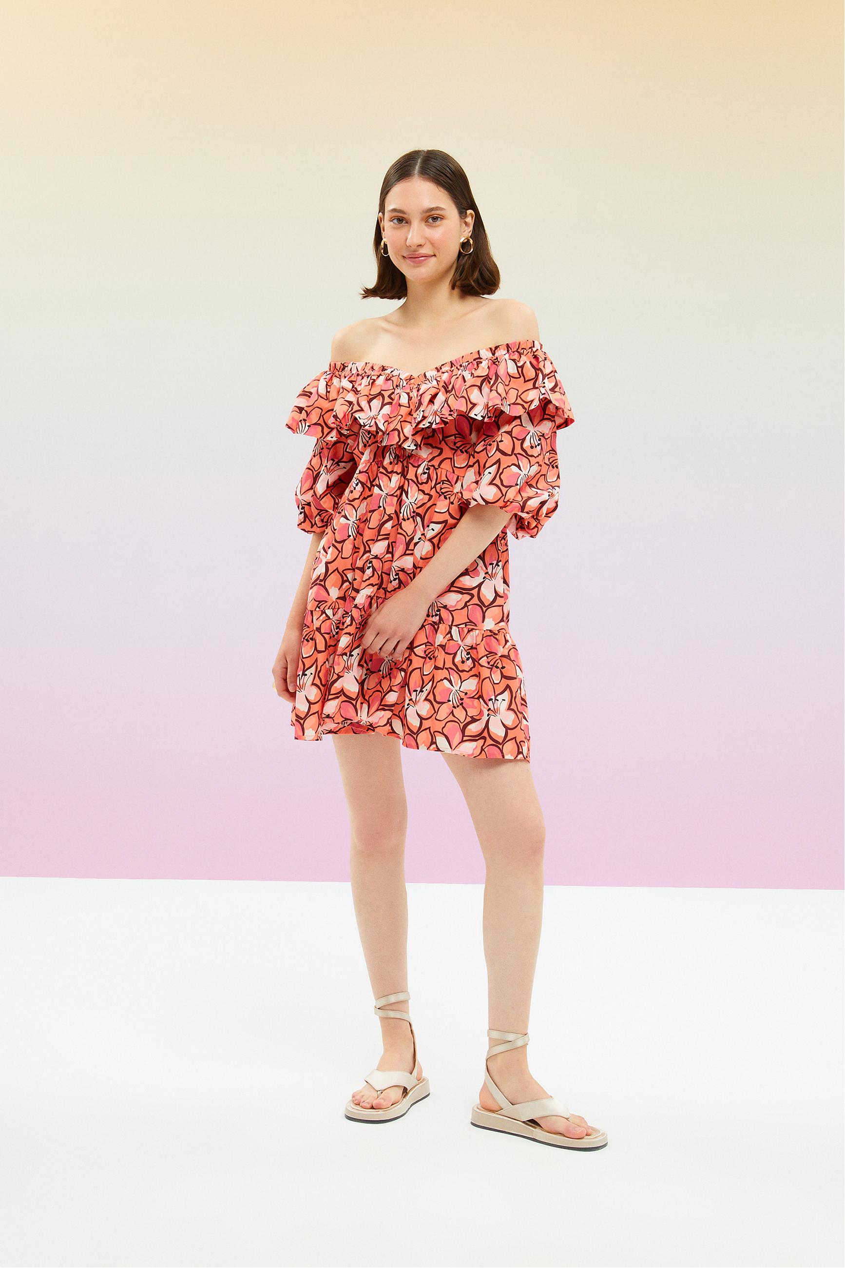 ÇİÇEK DESENLİ VOLAN DETAYLI MİNİ KLOŞ ELBİSE