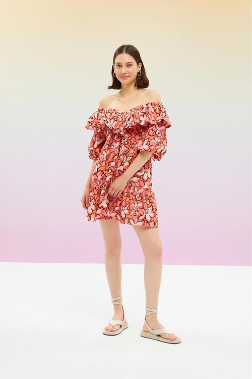  ÇİÇEK DESENLİ VOLAN DETAYLI MİNİ KLOŞ ELBİSE