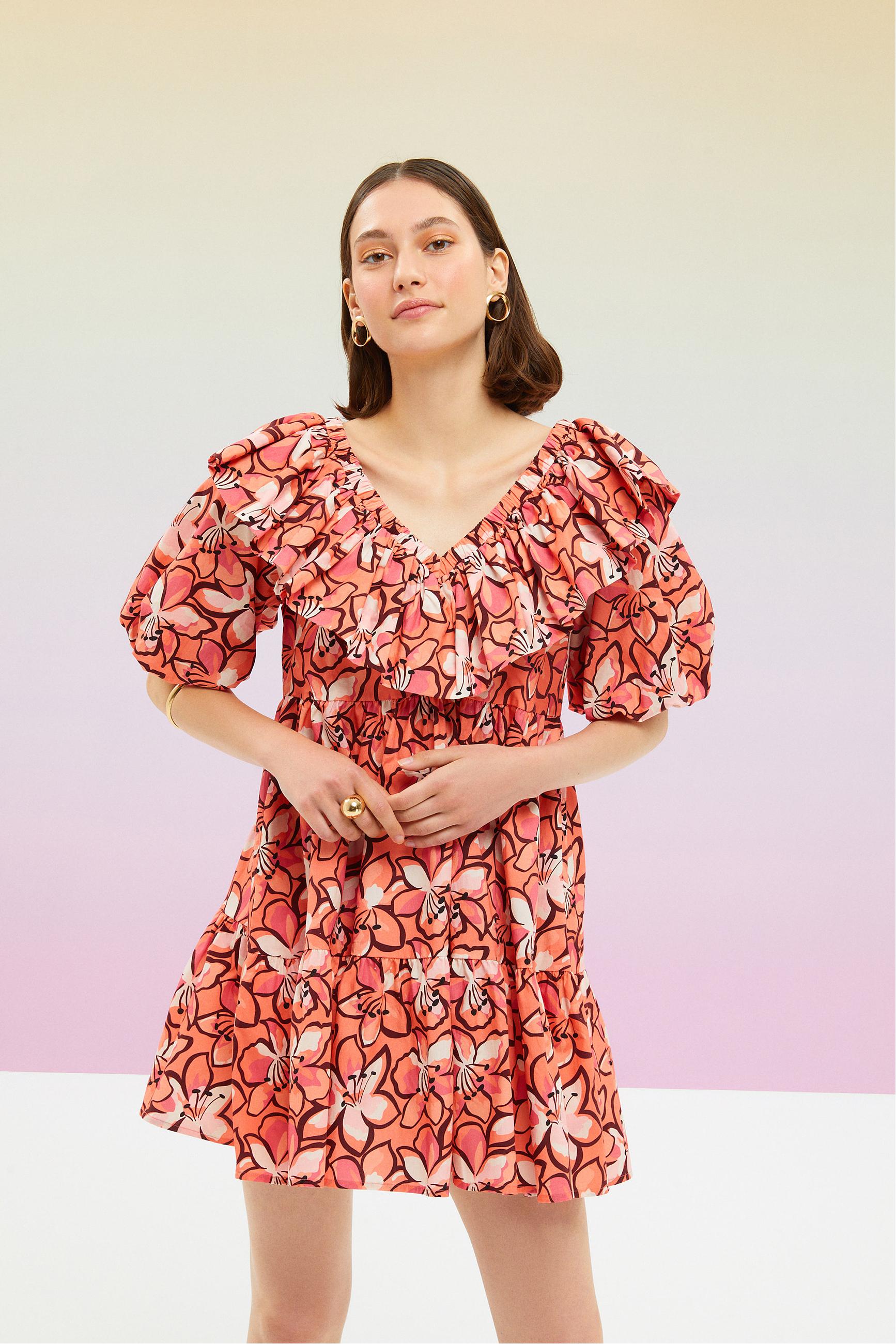 ÇİÇEK DESENLİ VOLAN DETAYLI MİNİ KLOŞ ELBİSE