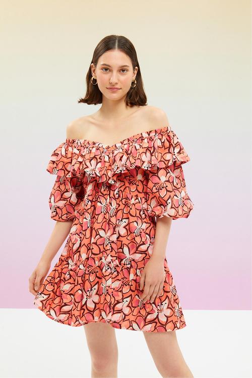  ÇİÇEK DESENLİ VOLAN DETAYLI MİNİ KLOŞ ELBİSE