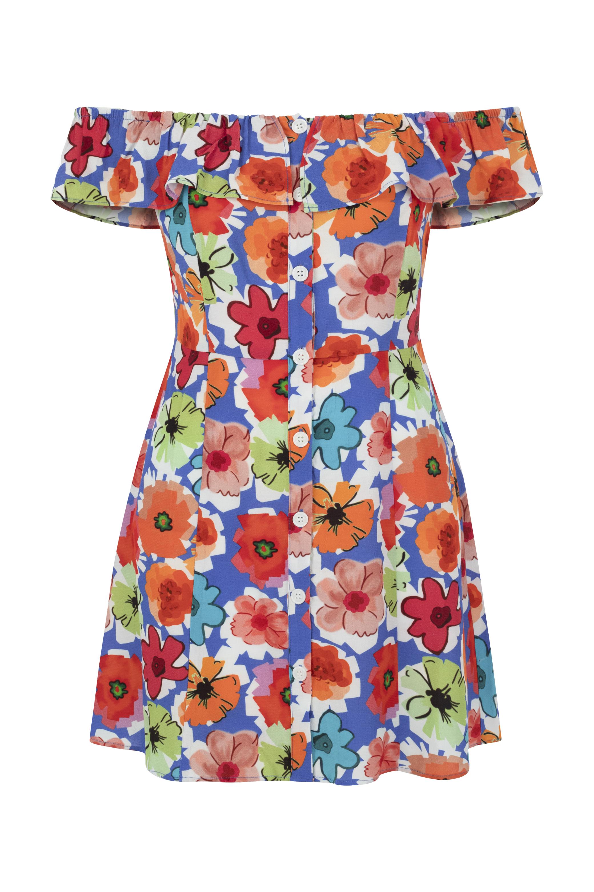 ÇİÇEK DESENLİ DÜŞÜK OMUZ FIRFIRLI MİNİ ELBİSE
