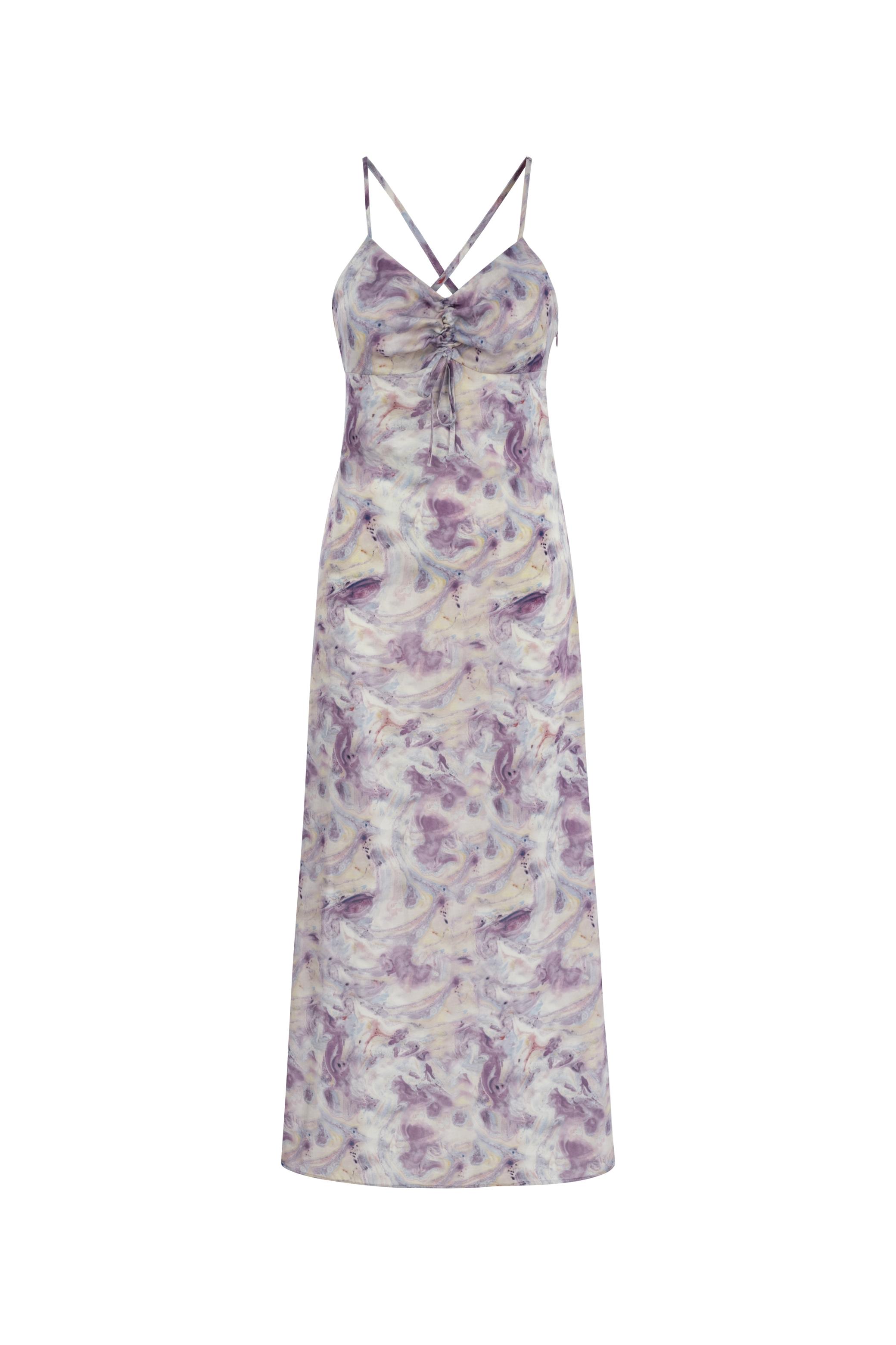 SOYUT DESENLİ ÇAPRAZ ASKILI MİDİ ELBİSE