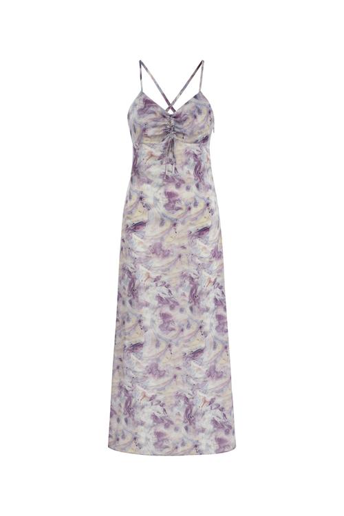  SOYUT DESENLİ ÇAPRAZ ASKILI MİDİ ELBİSE