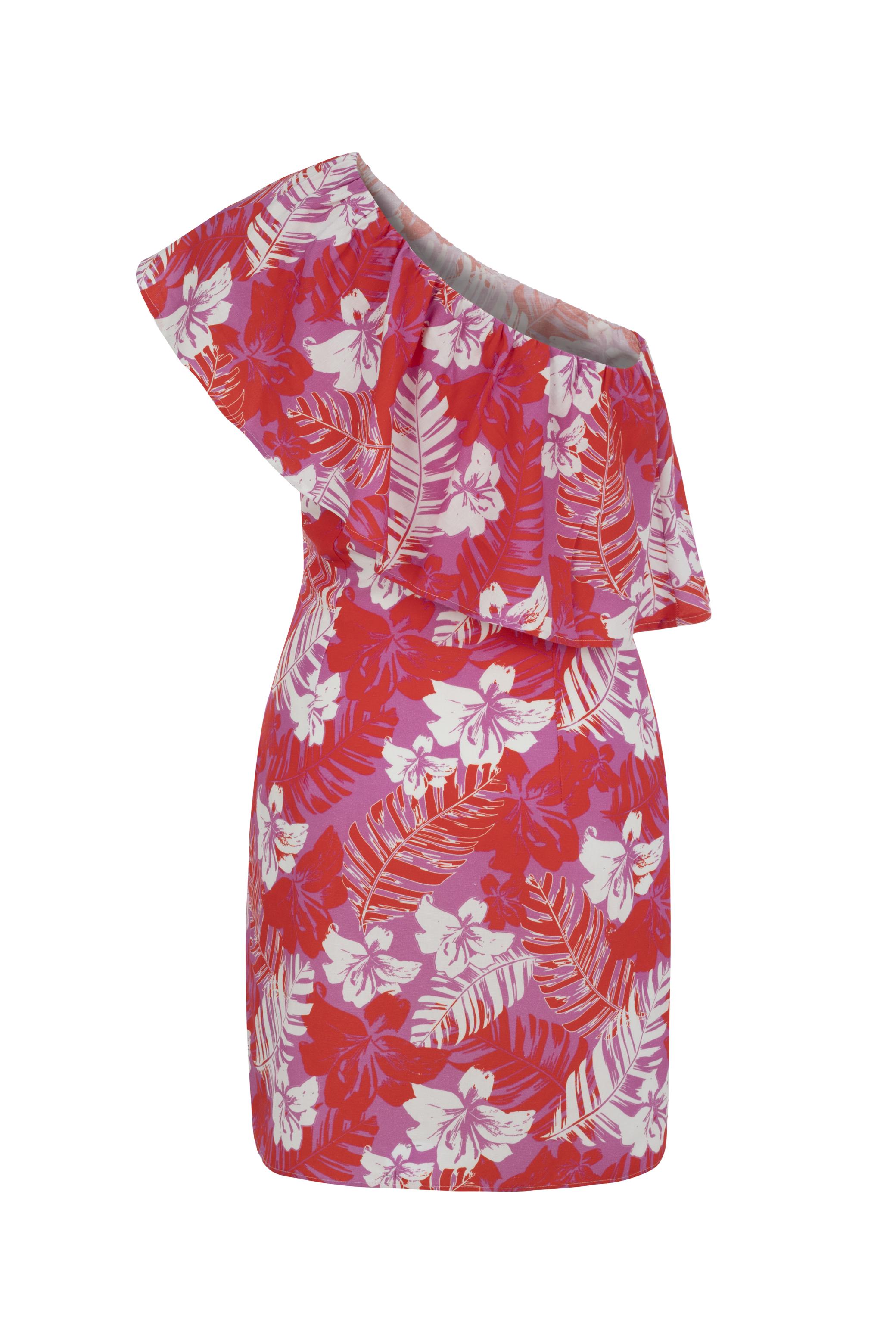 ÇİÇEK DESENLİ TEK OMUZ VOLANLI MİNİ ELBİSE