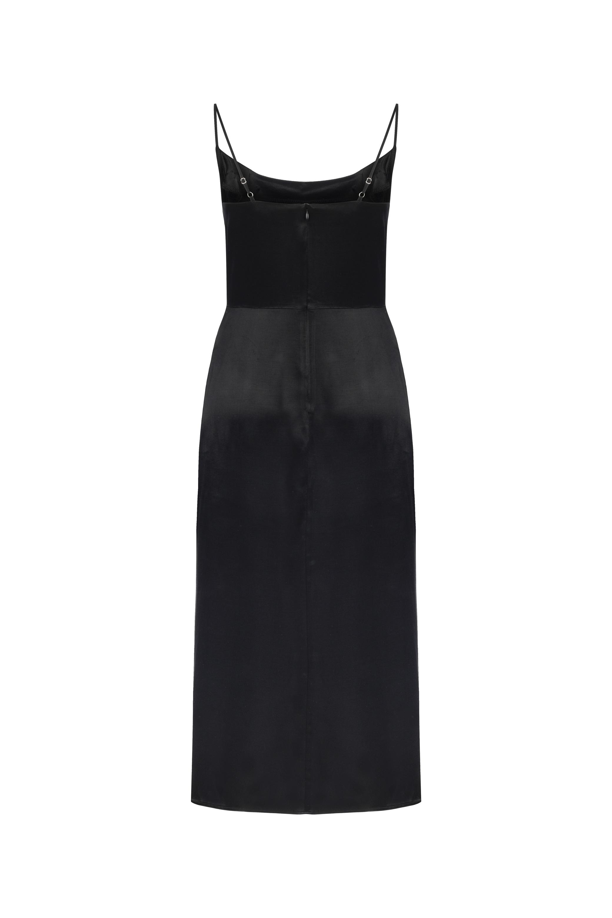 İNCE ASKILI DEGAJE YAKA YIRTMAÇLI MİDİ ELBİSE