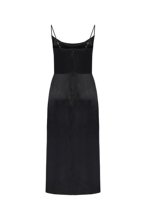  İNCE ASKILI DEGAJE YAKA YIRTMAÇLI MİDİ ELBİSE