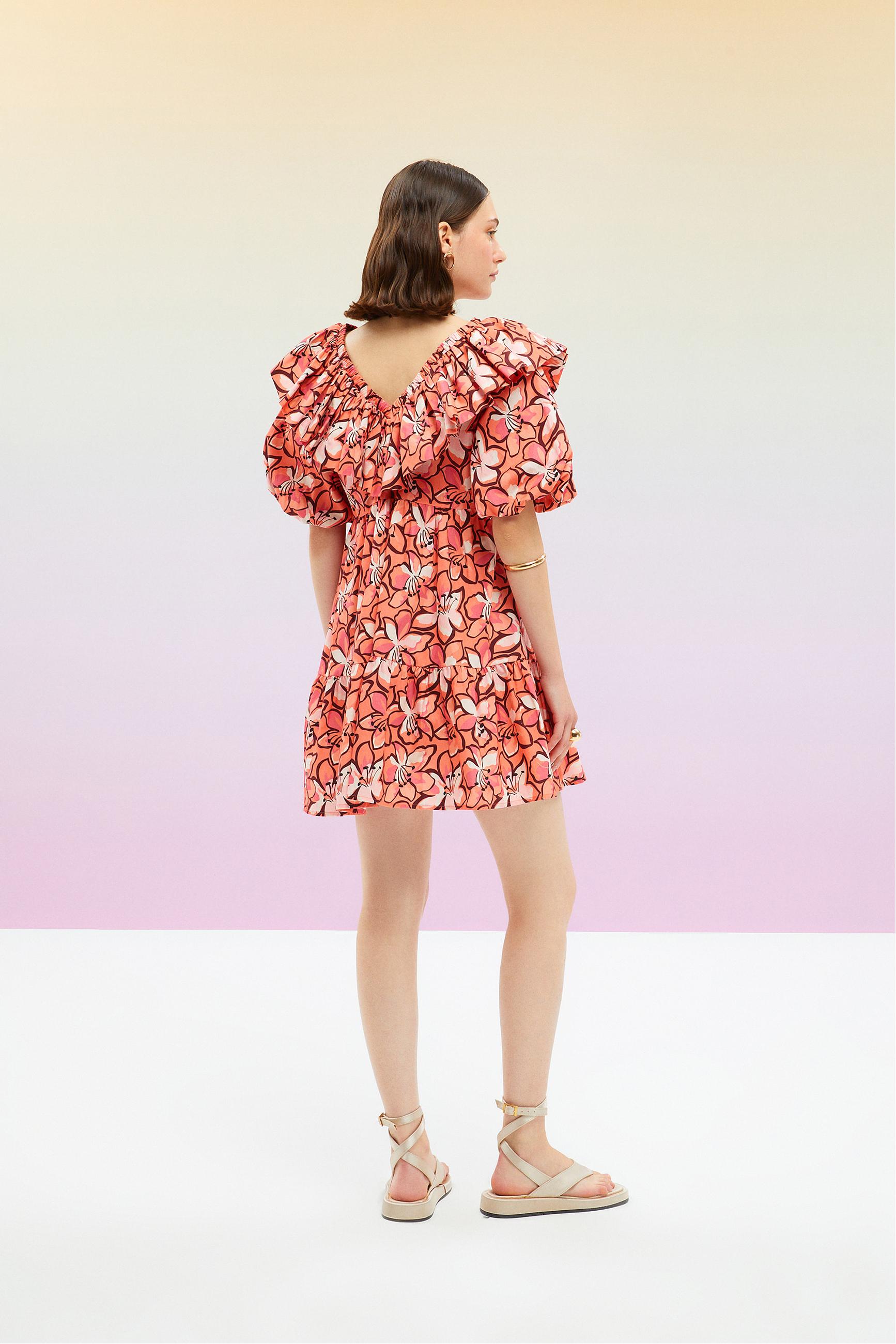 ÇİÇEK DESENLİ VOLAN DETAYLI MİNİ KLOŞ ELBİSE