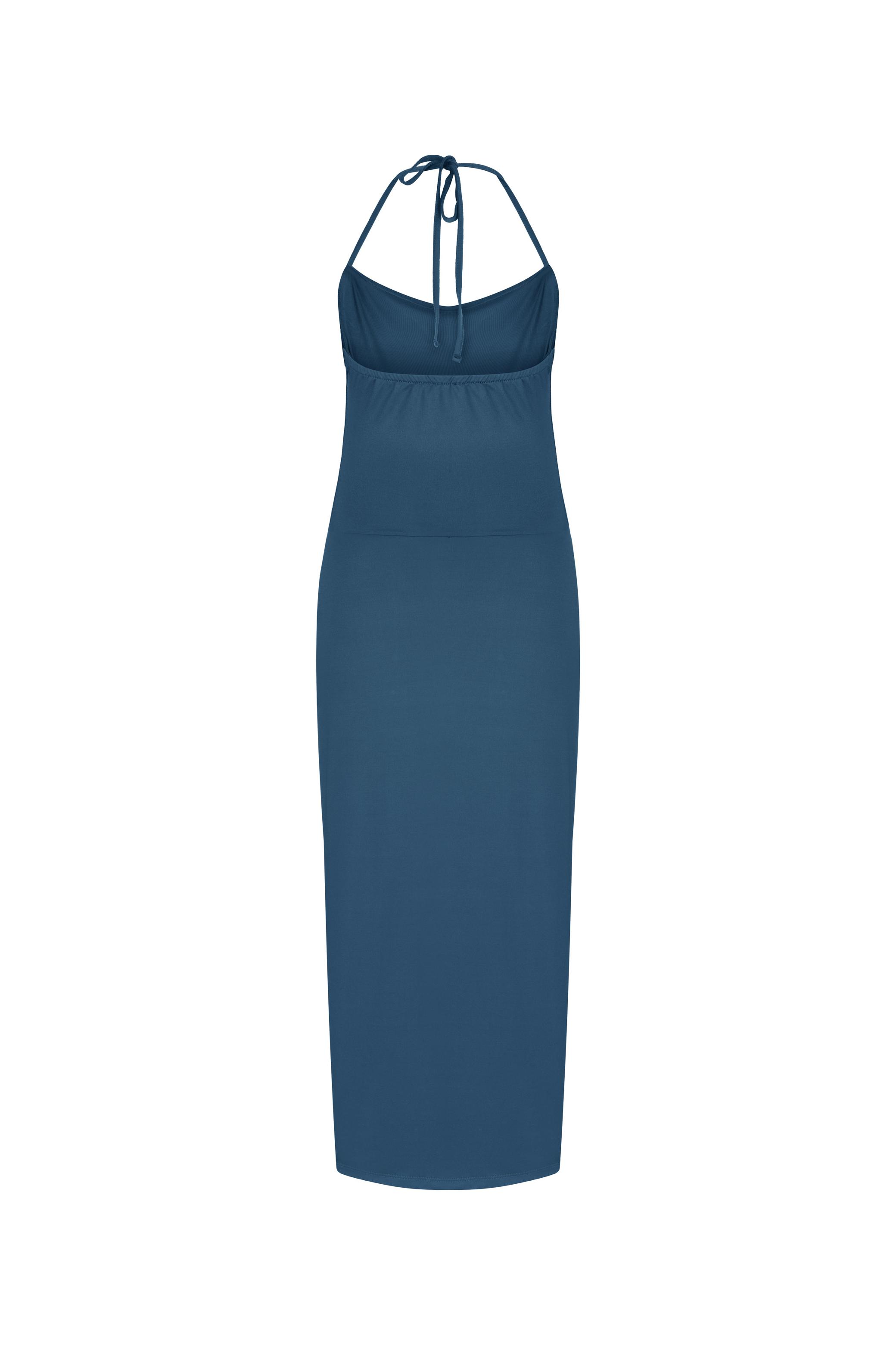 DEGAJE YAKA BOYUNDAN BAĞLAMALI DAR KESİM MİDİ ELBİSE