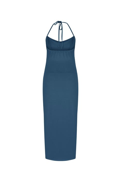  DEGAJE YAKA BOYUNDAN BAĞLAMALI DAR KESİM MİDİ ELBİSE