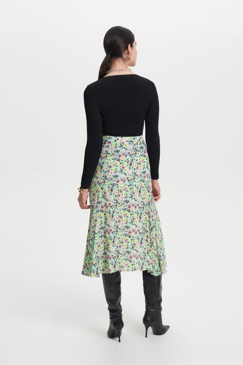  ÇİÇEK DESENLİ YIRTMAÇLI MİDİ ETEK