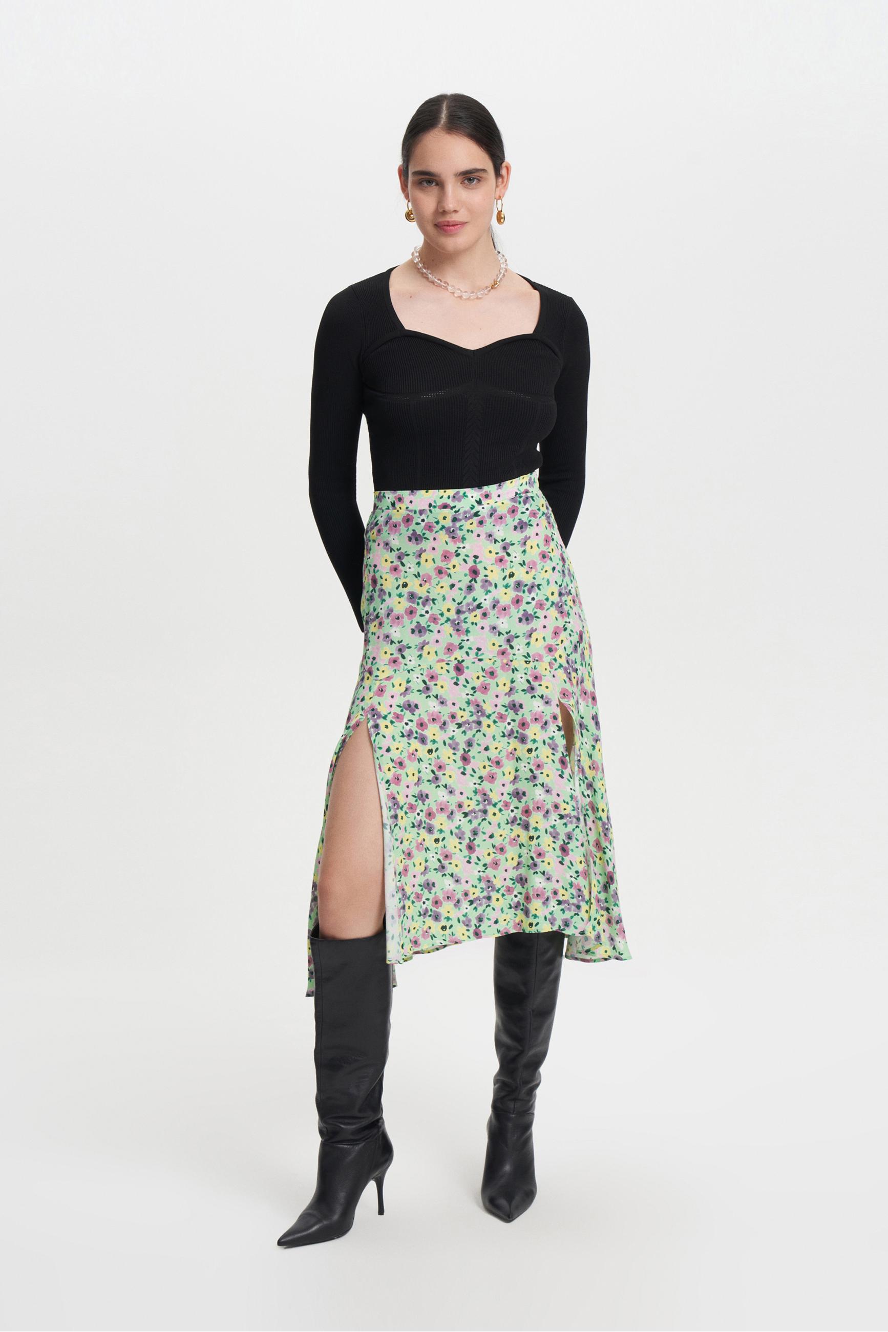 ÇİÇEK DESENLİ YIRTMAÇLI MİDİ ETEK