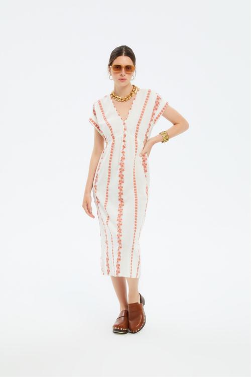  ETNİK DESENLİ KISA KOLLU MİDİ ELBİSE