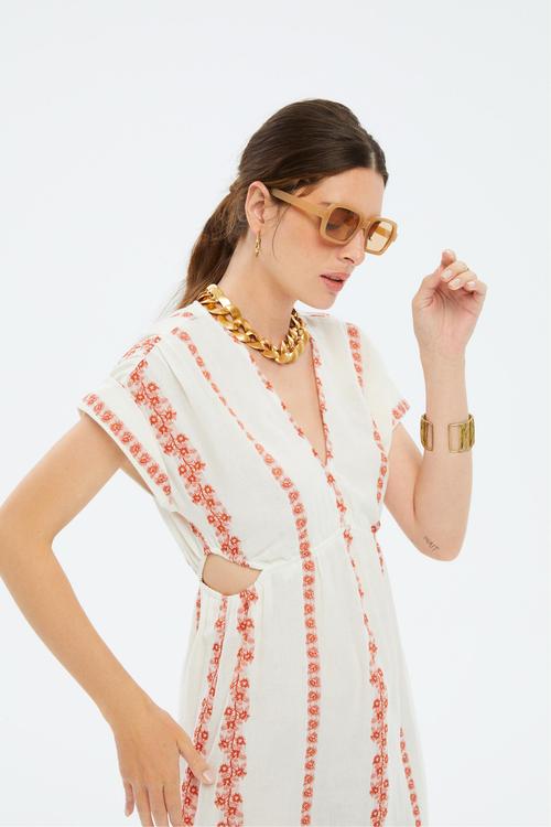  ETNİK DESENLİ KISA KOLLU MİDİ ELBİSE