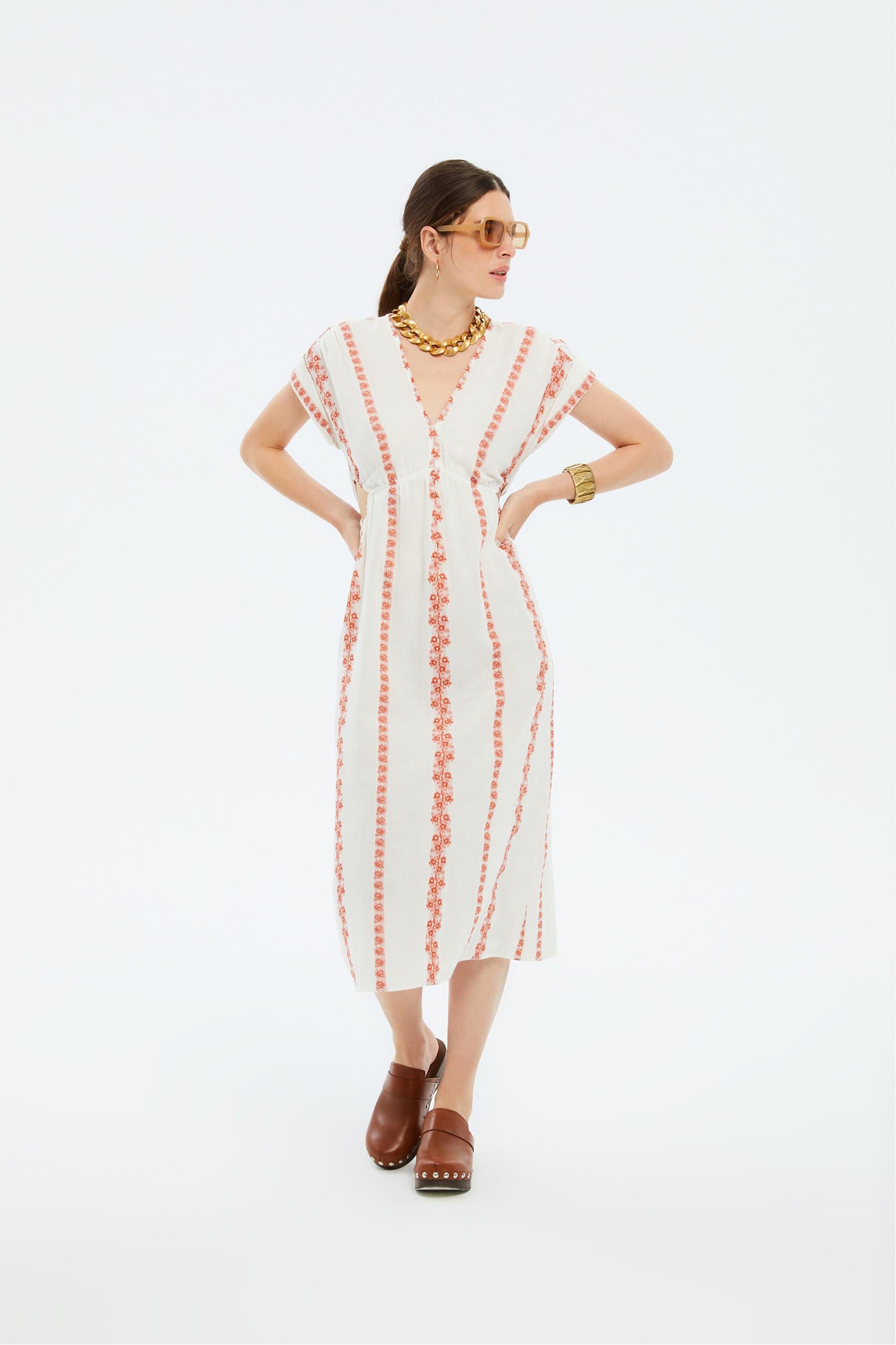 ETNİK DESENLİ KISA KOLLU MİDİ ELBİSE