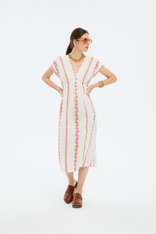  ETNİK DESENLİ KISA KOLLU MİDİ ELBİSE