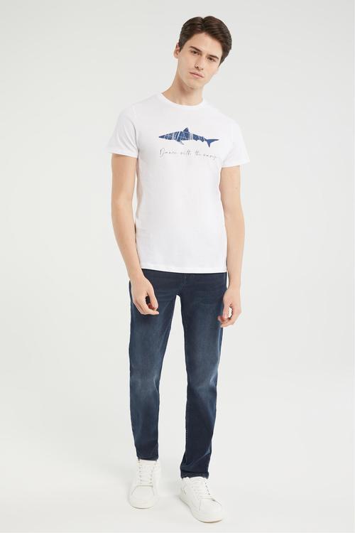  KÖPEK BALIĞI BASKILI BİSİKLET YAKA T-SHIRT